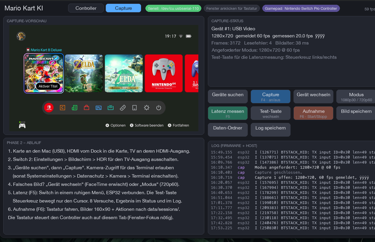 GUI mit Capture-Tab: links die Live-Vorschau des Switch-Startmenüs, rechts Status, Knöpfe und Log