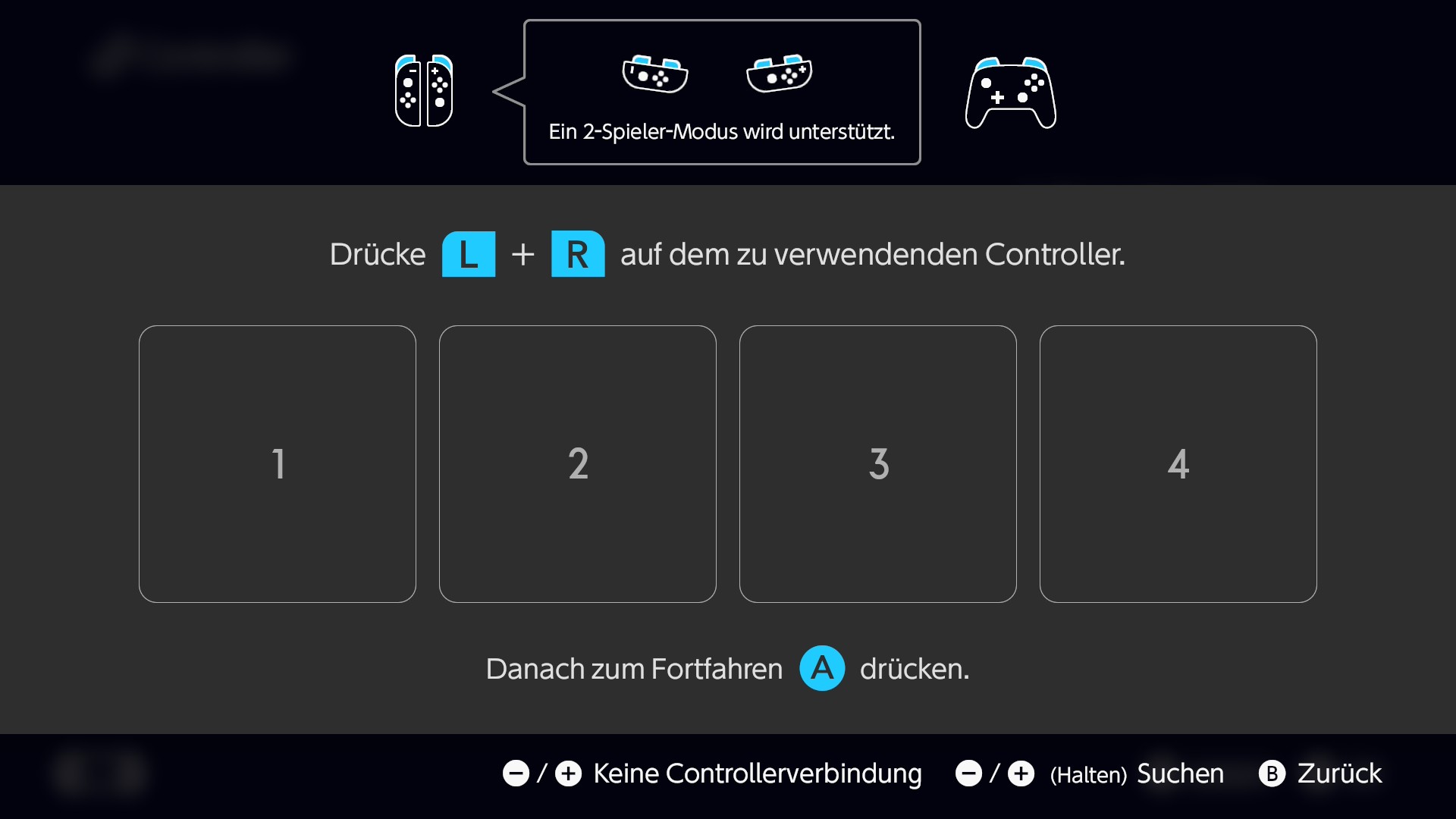 Griff-Menü der Switch 2 mit vier leeren Controller-Plätzen