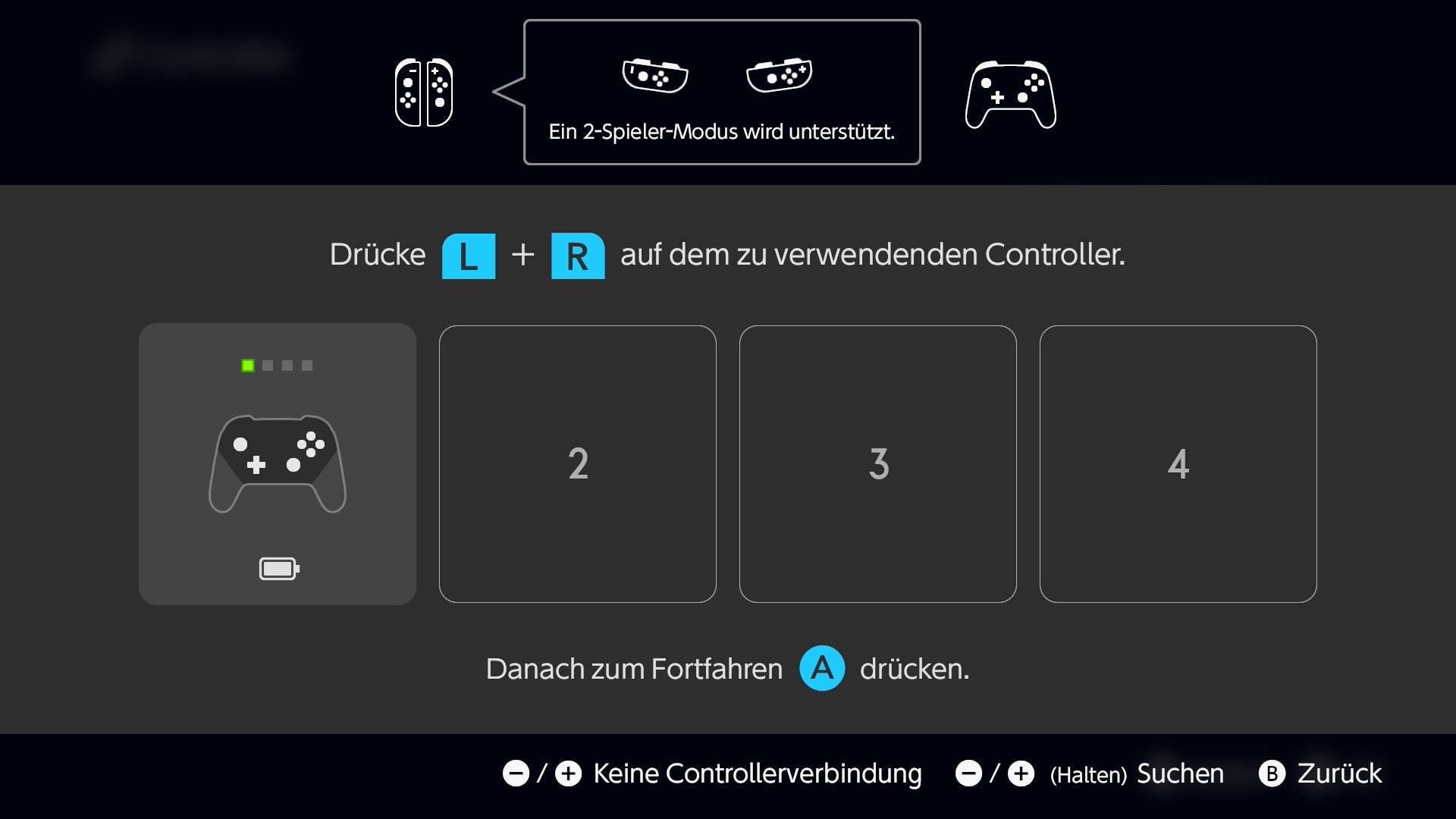 Griff-Menü der Switch 2: Platz 1 zeigt einen Pro Controller mit Spieler-LED 1 und Batterieanzeige