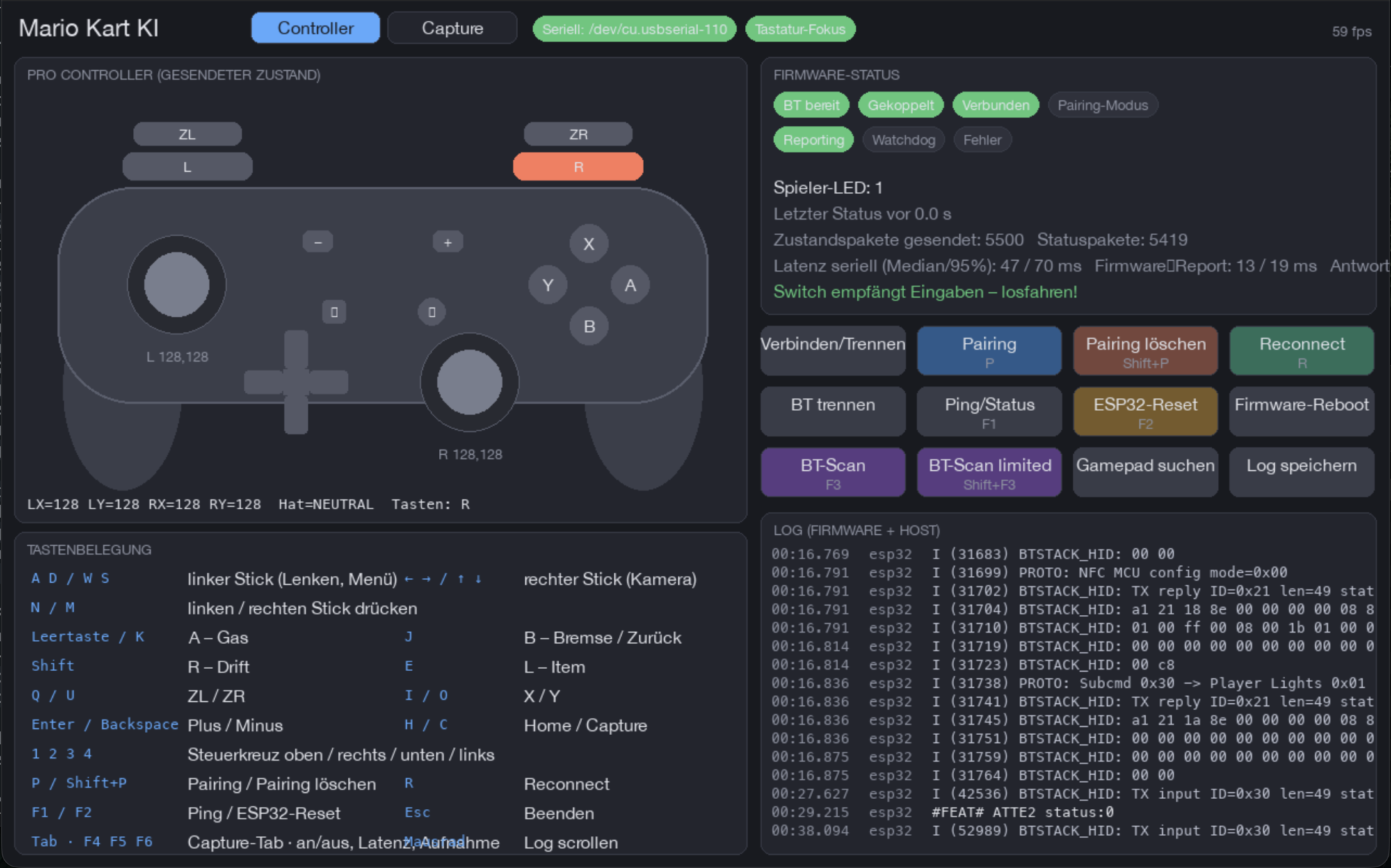 Screenshot der GUI: gezeichneter Pro Controller, grüne Status-Chips, Buttons und Log