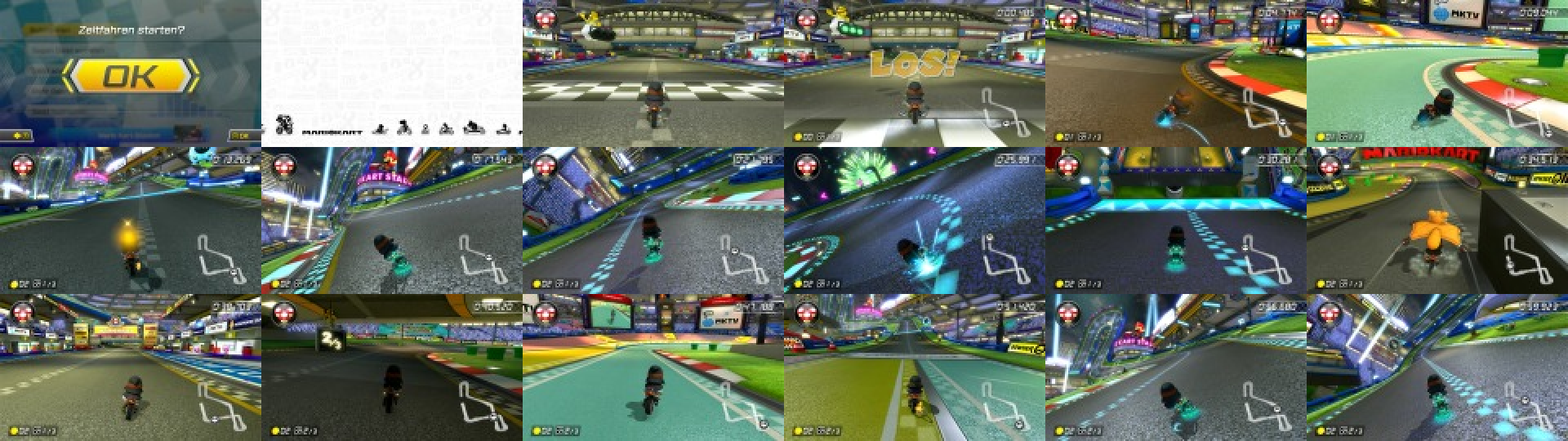 Raster aus 18 Bildern in 160×90 Pixeln: Menü, Start, Kurven, Drifts mit Funken, Antischwerkraft-Passage